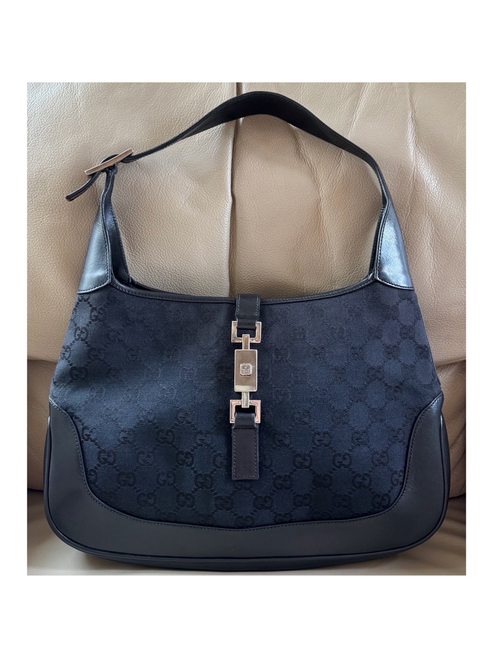 Certified Authentic Gucci Jackie Black Monogram Canvas Leather Shoulder Bag, COA